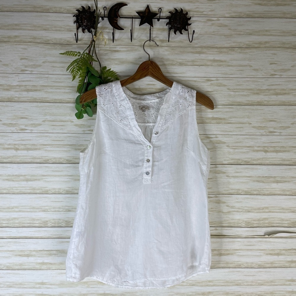 Lina Tomei White Linen Blend Eyelet Embroidered Sleeveless Tank